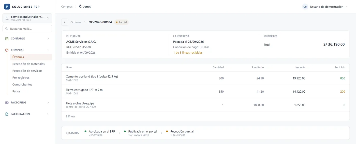 Una orden de compra vista por el proveedor en Soluciones P2P, con datos ficticios