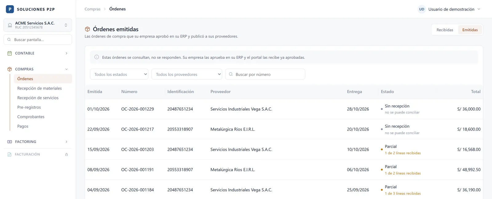Pantalla de órdenes de compra del comprador en Soluciones P2P, con datos ficticios